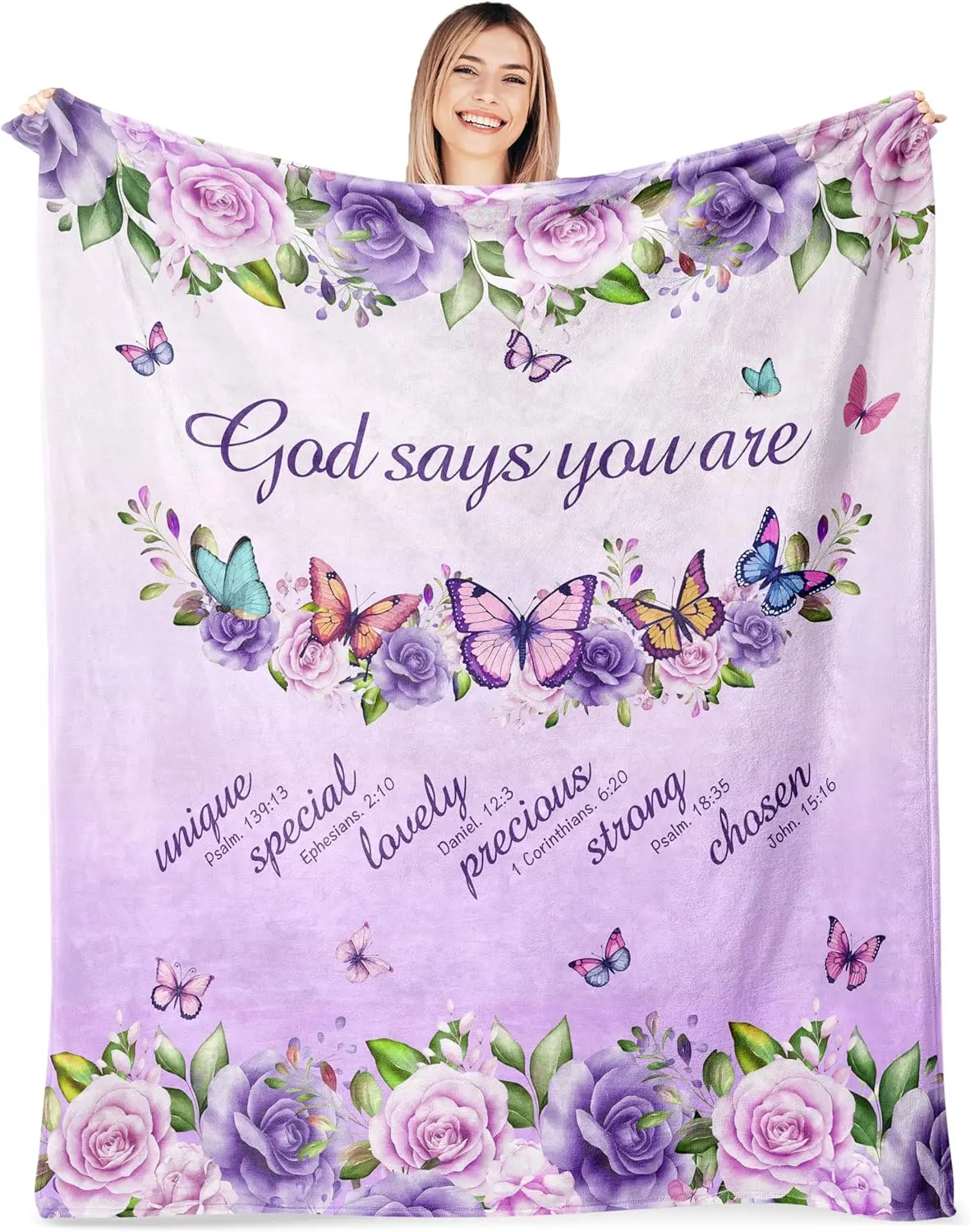Purple Roses Butterflies Faith Quote Fleece Blanket Religious Design Soft Warm Throw Boho Interior Decoration Bedding Cover