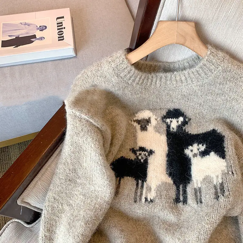 Sweater Cartoon Sheep Embroidery Jacquard Soft Warm Winter Vintage Gray Y2K Cute Jumper Harajuku Kawaii Winter Clothes