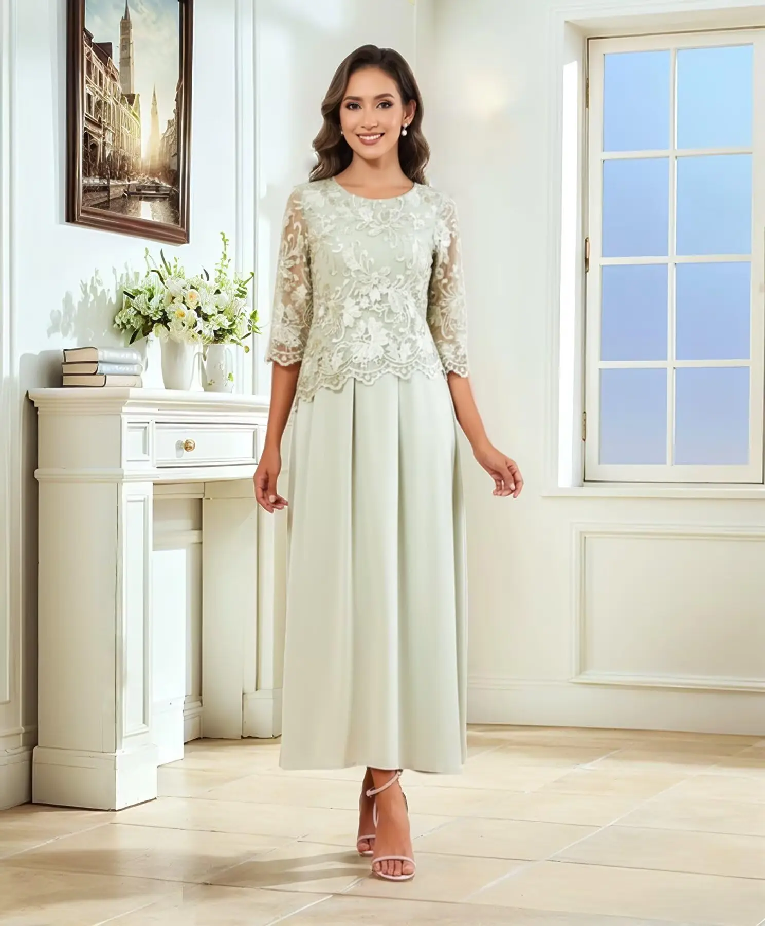 

Long Chiffon Mother of The Bride Dresses for Women with 3/4 Sleeves Lace Applique Formal Wedding Guest Dress
