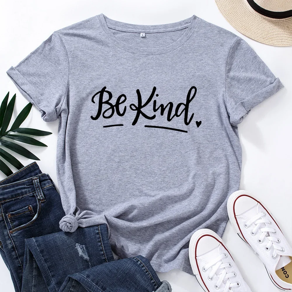 JFUNCY Women's T Shirt 100% Cotton Short Sleeve T-shirt Be Kind Letter Print Graphic Tees Female Tshirt Woman Tops