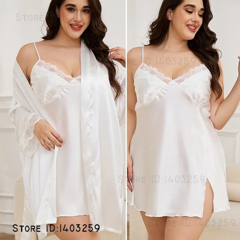 

Plus Size 3XL 4XL 5XL Female Twinset Robe Set White Bride Wedding Dress SEXY Lace Trim Bathrobe Nightgown Loose Satin Home Wear