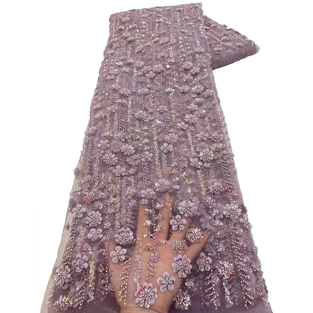 5Yards 3D Floral Bead Tube Sequin Lace Fabric, Heavy Laser Cut Flower Embroidery Mesh, Premium Lace for Couture Dresses