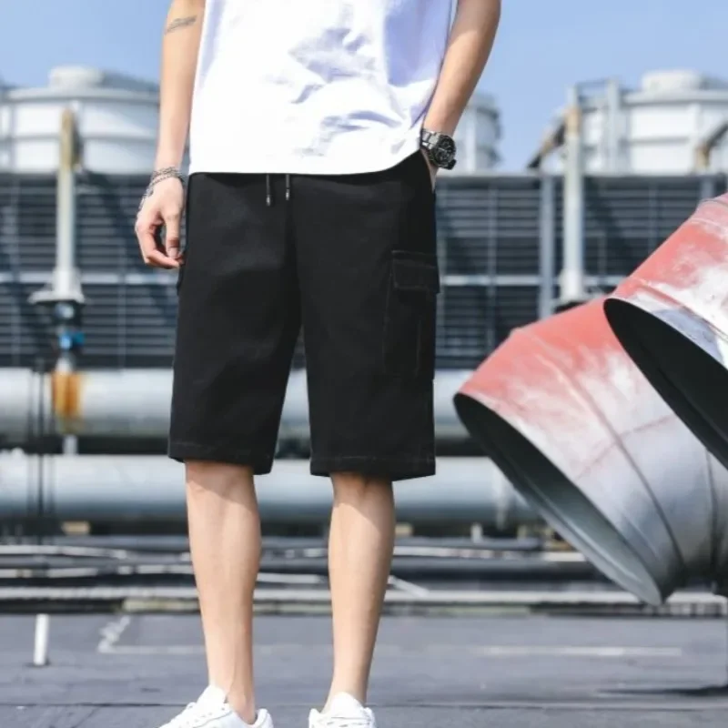 Большой размер с карманами, широкая эластичная талия, длинные мужские шорты-карго, полукороткие брюки большого размера с завязками для мужчин, мешковатые бермуды Y2k