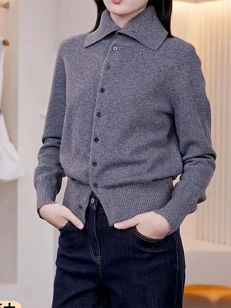 

Korean Style High-End Knitted Shirt Stand Collar Women's Grey Top Fashionable Large Size Autumn New Arrival Elegant Feeling