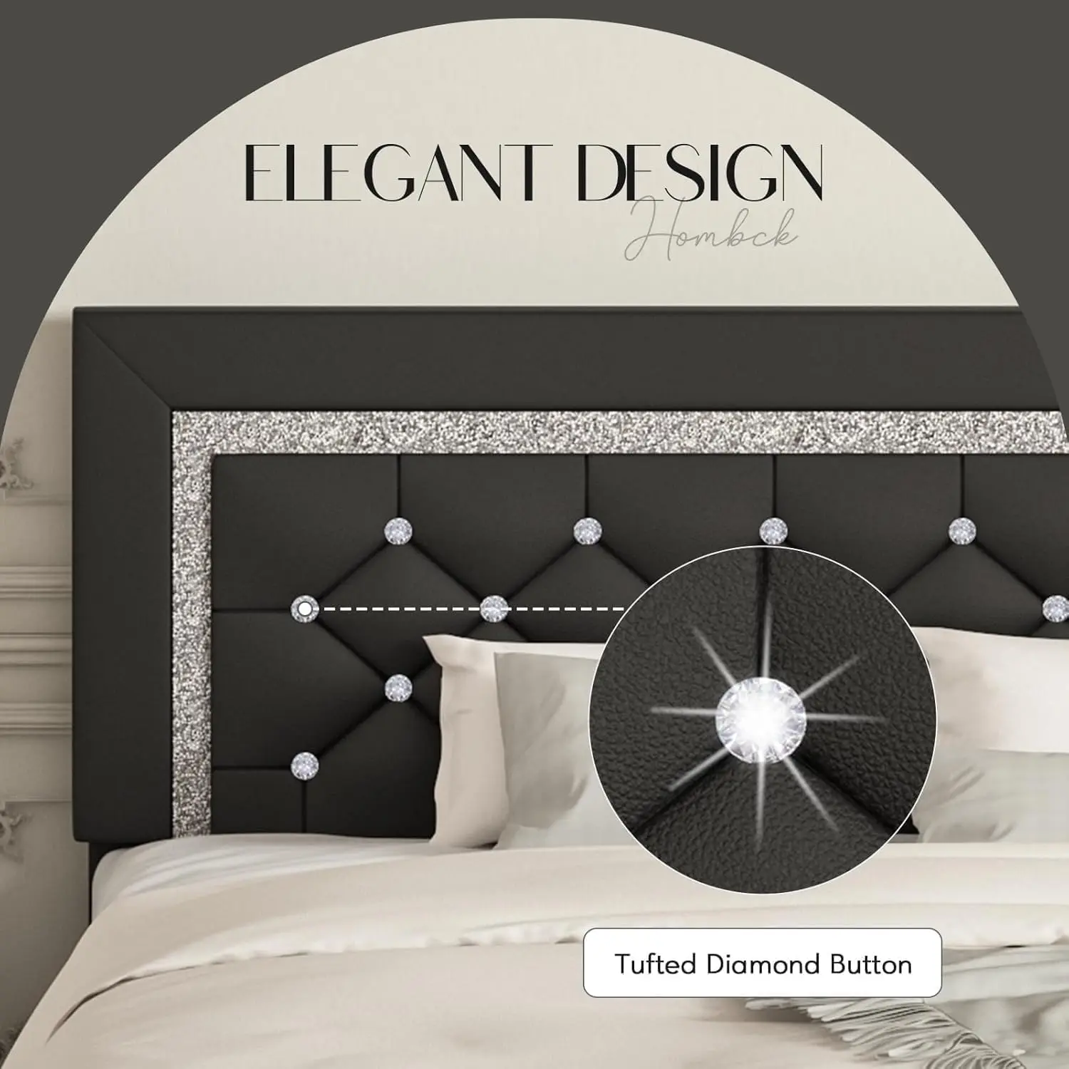 Queen Bed Frame Diamond Headboard Upholstered Platform Black, Customized