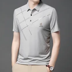 Polo de manga corta con cuello vuelto para hombre, camiseta lisa fina con botones y Letras a rayas, Tops informales a la moda, novedad de verano 2023