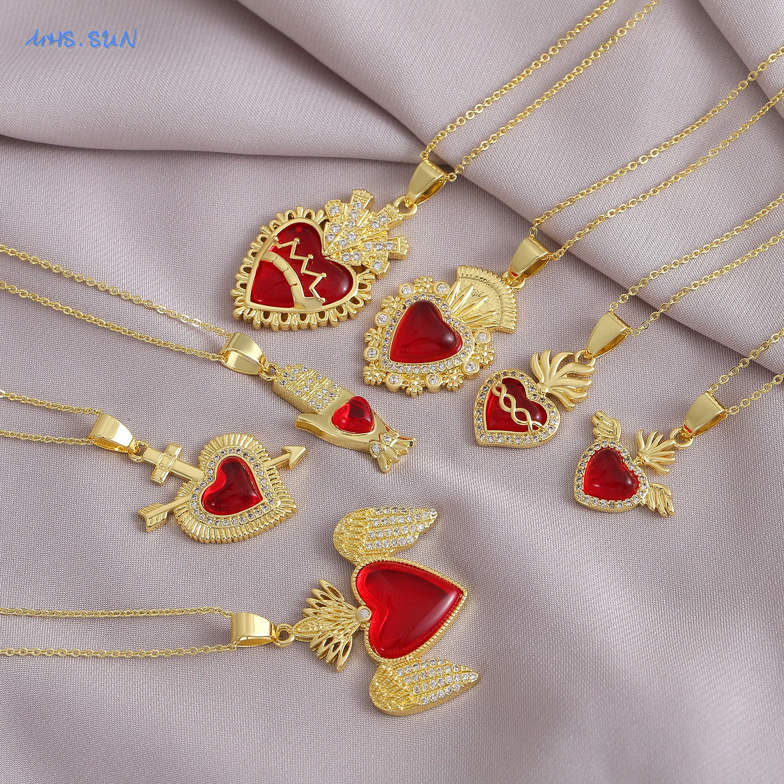 SUNSLL Sacred Red Heart Cross Cubic Zircon Pendants Necklaces Luxury Women Gold Plated Romantic Love Anniversary Jewelry Gifts