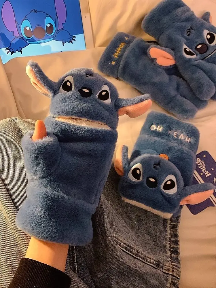 MINISO Stitch Half Finger Flap Plush Gloves Winter Women's Wind Resistant Warm Cute Pile Thick Girl Birthday and New Year Gifts