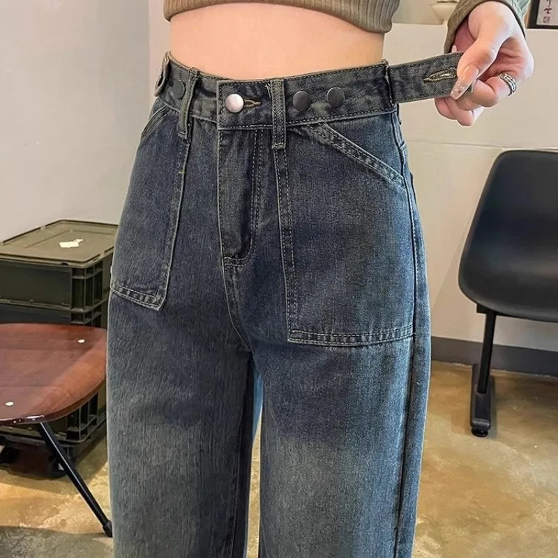 

Цементно-серые прямые женские джинсы с высокой талией, модные универсальные новые стильные свободные повседневные широкие длинные брюки в стиле ретро