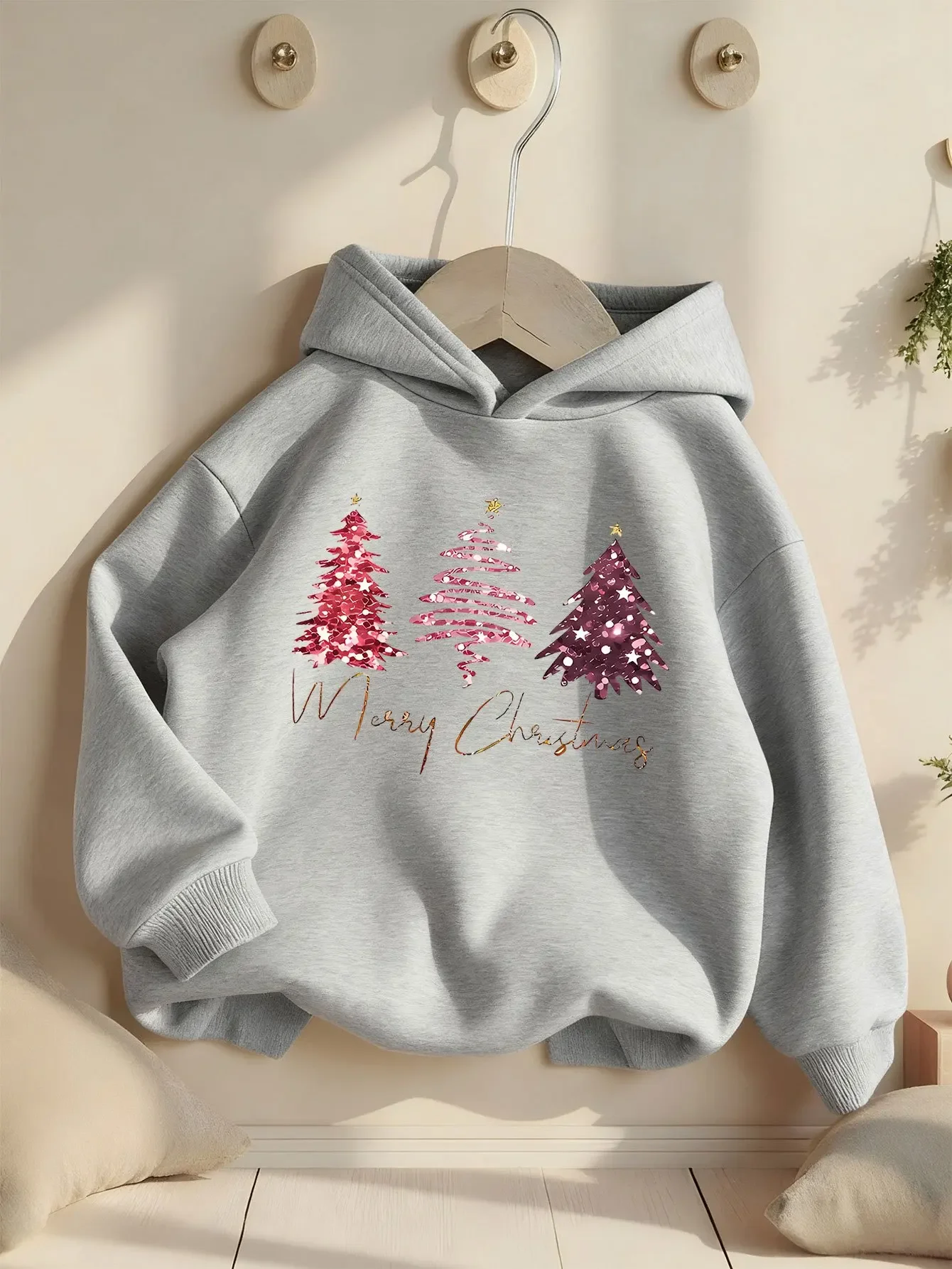 Kids Merry Christmas Hoodie Pink Glitter Xmas Tree Print Pullover Autumn Winter Fleece Warm Festive Children Hooded Sweatshirt