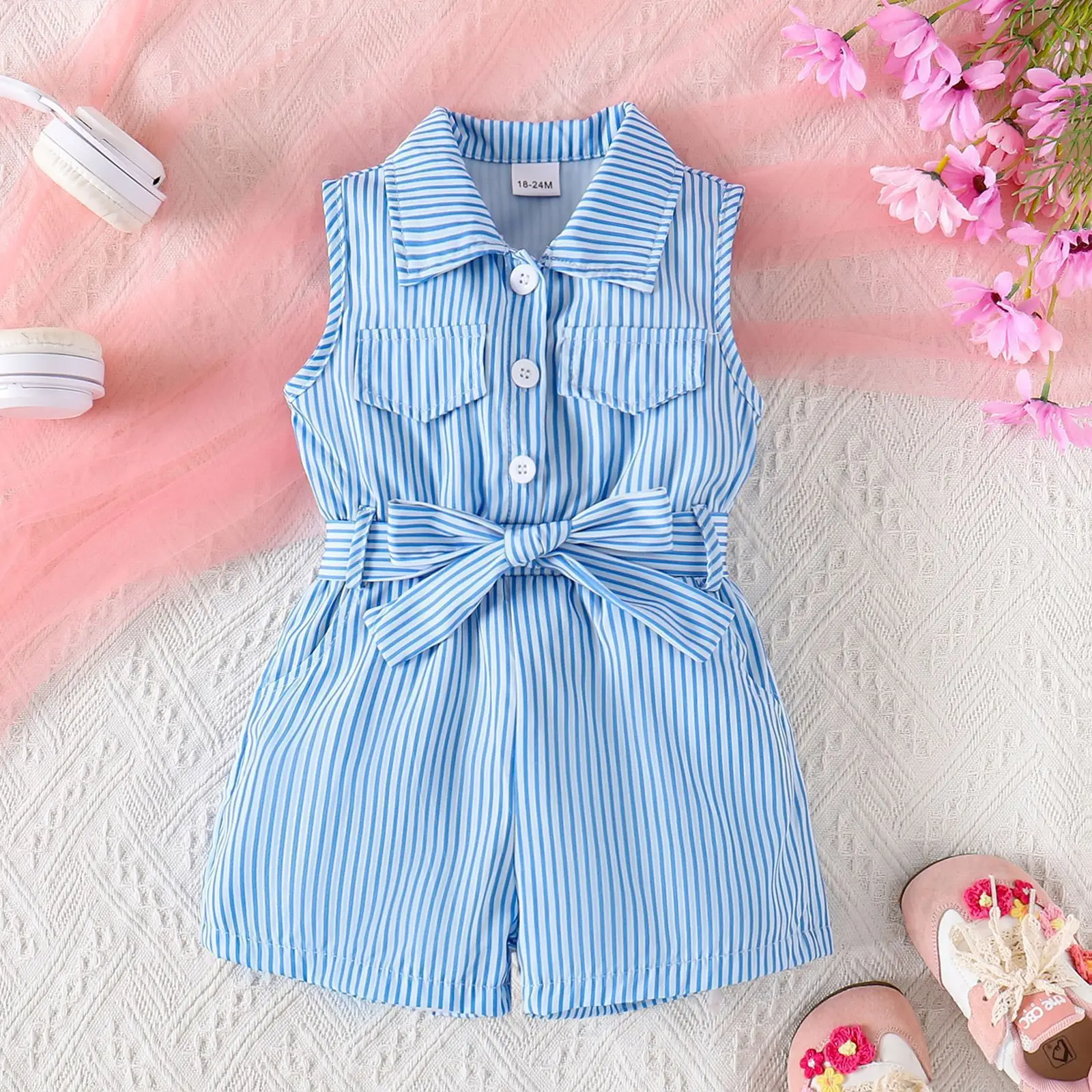 Summer Kids Girls European American Style Striped Jumpsuit Cute Bow Decor Fashion Outfit for 18M-6Y