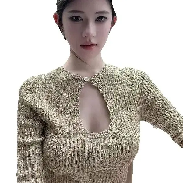 Knitted Sweater Women 2024 Design Niche Golden Hollow Autumn Reversible Sexy Pullover Top