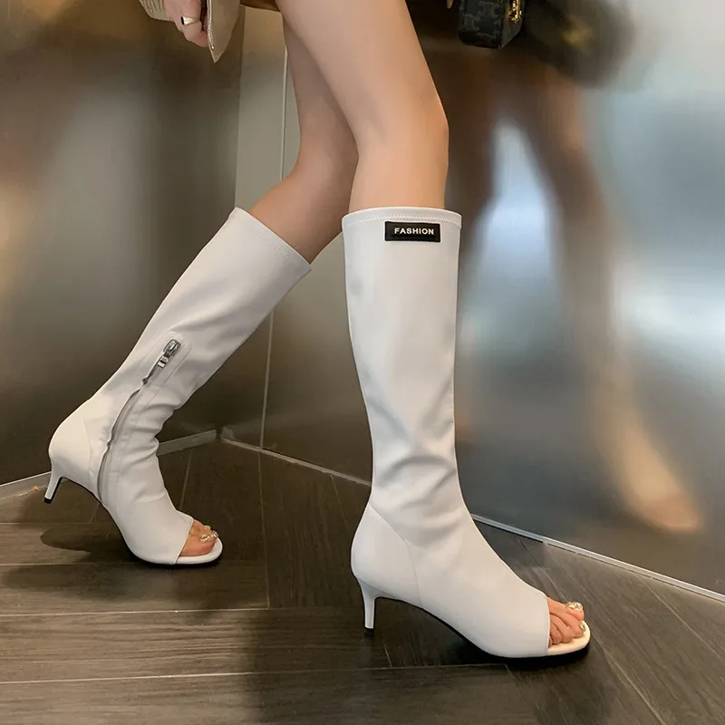 MKKHOU Fashion Knee Length Women Shoes New High Quality True Leather Open Toe Elastic Boots High Heel Summer Leather Boots