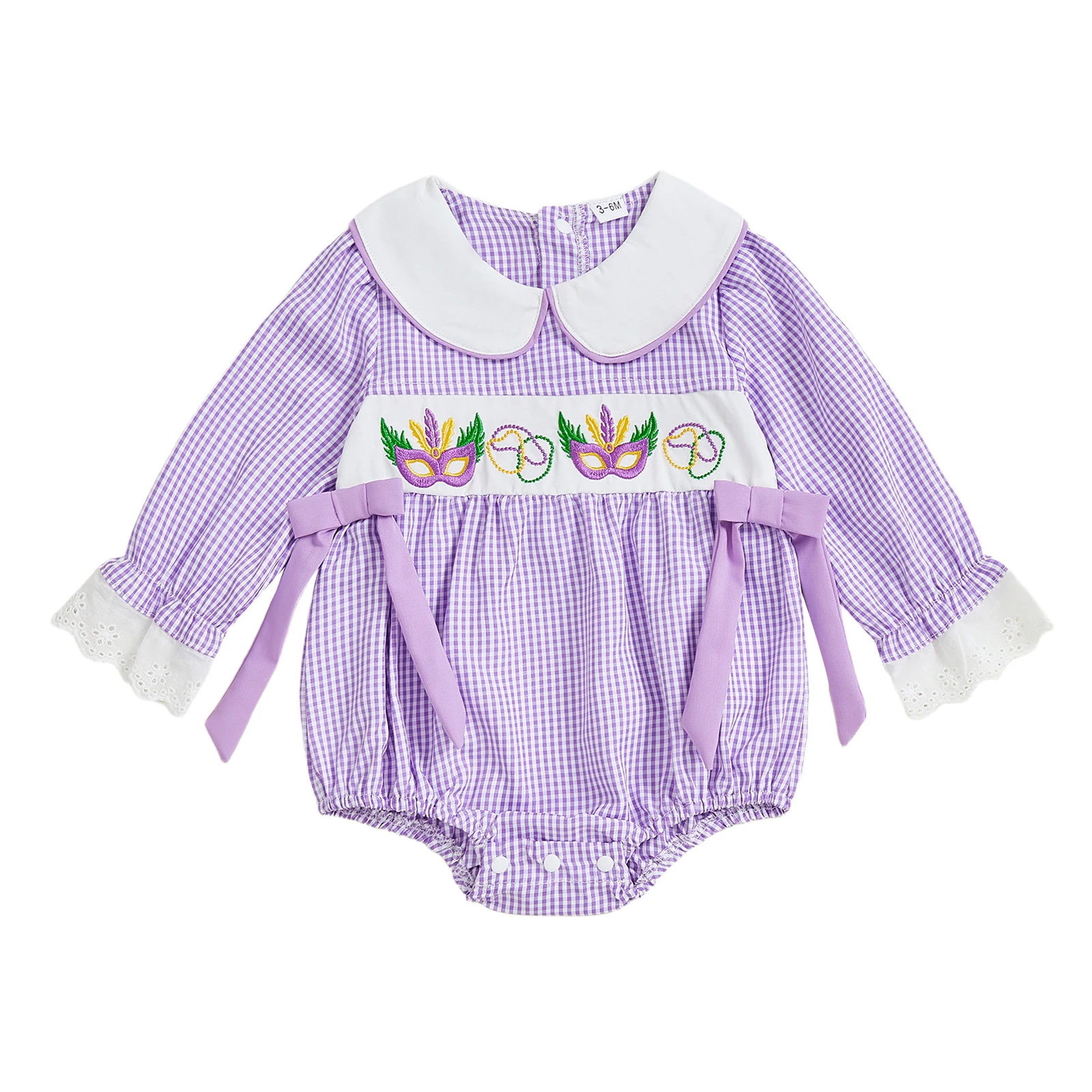 Детский карнавальный комбинезон с большими бантами и вышитыми деталями, воротником Питера Пэна в клетку и длинными рукавами для