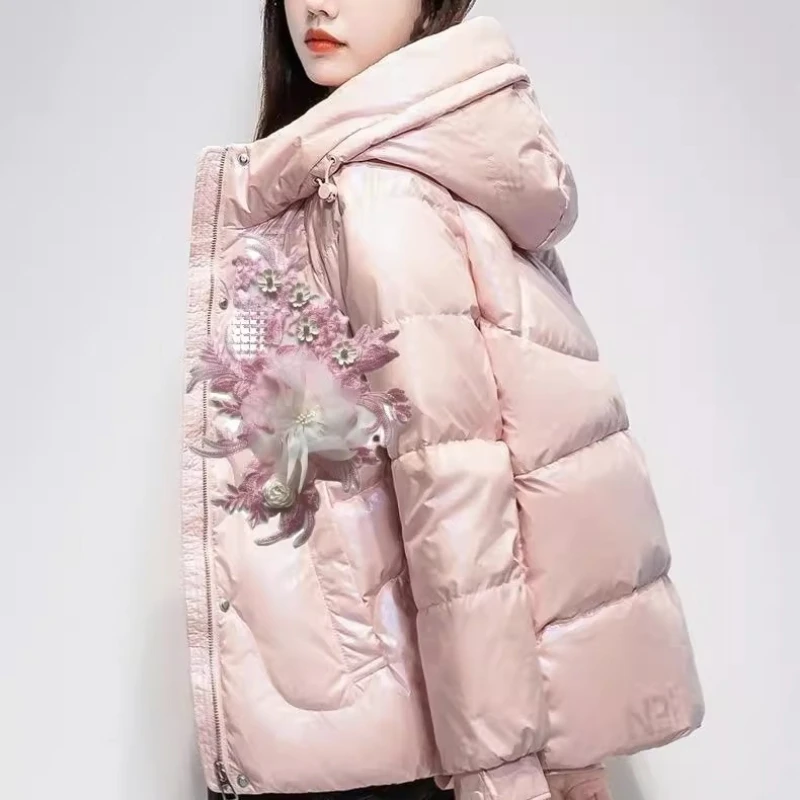 패션 플로럴 다운 재킷 여성 가을 겨울 신상 아우터웨어 광택 후드 따뜻한 재킷 트렌디 여성용 긴 소매 다운 코트