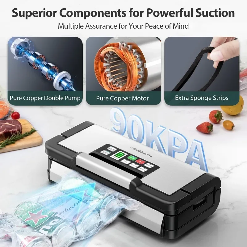 90Kpa Powerful Vacuum Sealer, with 10-in-1 Functions,Double Seal & Double Pump,Built-in Cutter&Hose,Handle-Ease Design