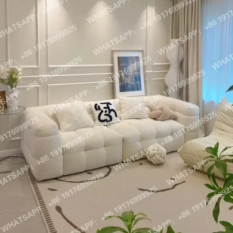 Italian Minimalist Villa Living Room Tufted Wood Lamb Plush Cloud-shaped Sofa Designer White Teddy Cotton Candy Sofa