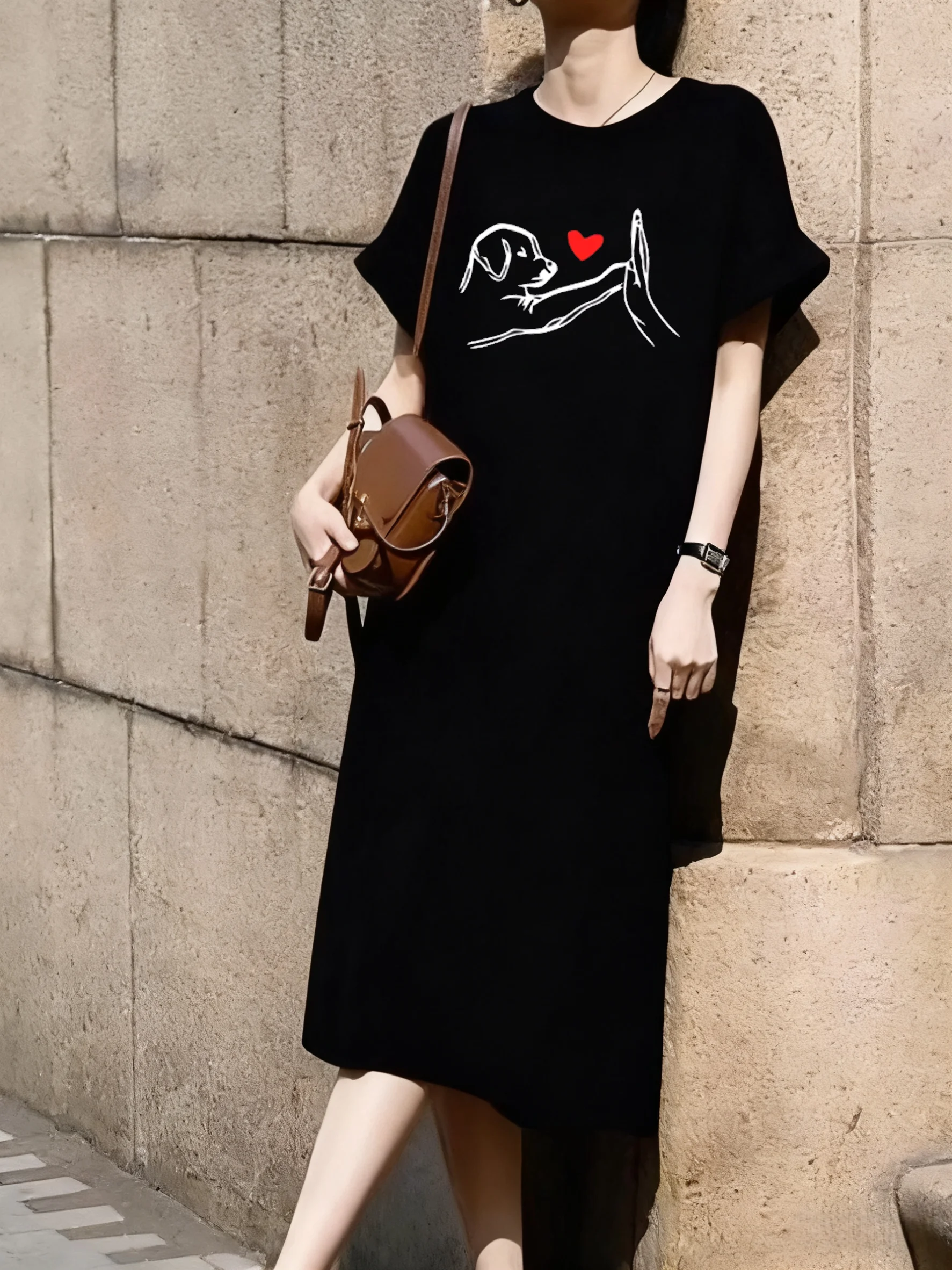 

Fun Dog Fist-clapping and Heart-shaped Pattern Casual Short Sleeved Sports Dress Mid Length Over Knee Dress Leisure Long Tees