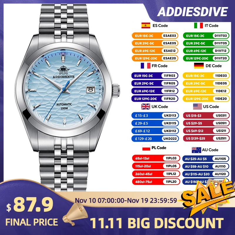 

ADDIESDIVE Automatic Mechanical Watch Man European American Business Leisure Wristwatch Luxury Silver Luminous Waterproof Watch