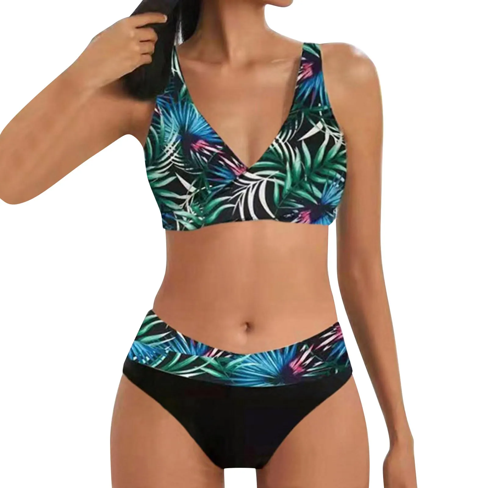 Push Up Bikini Swimsuit Women Leaves Printed Swimwear Female Banthing Suit Beachwear Brazilian High Waist Bikinis Woman Tankini