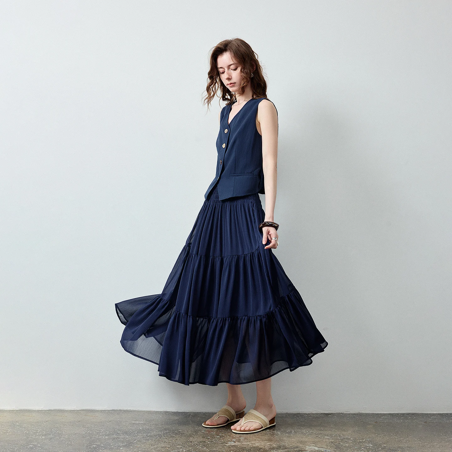 TOYOUTH Women Chiffon Skirt Summer 2026 Textured Navy Blue Elastic Waist Design Sense Cake Skirt Flowy Elegant Feminine Style