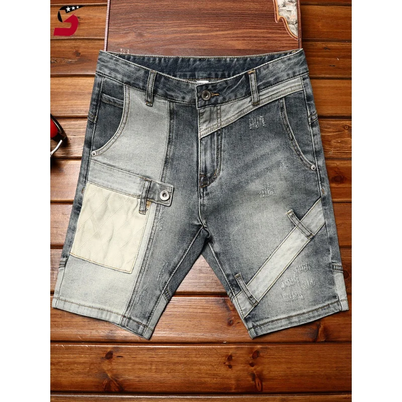 High-End Locomotive Denim Shorts for Men2024Summer Fashion Personality Stitching Design Casual Stretch Retro Cropped Pants