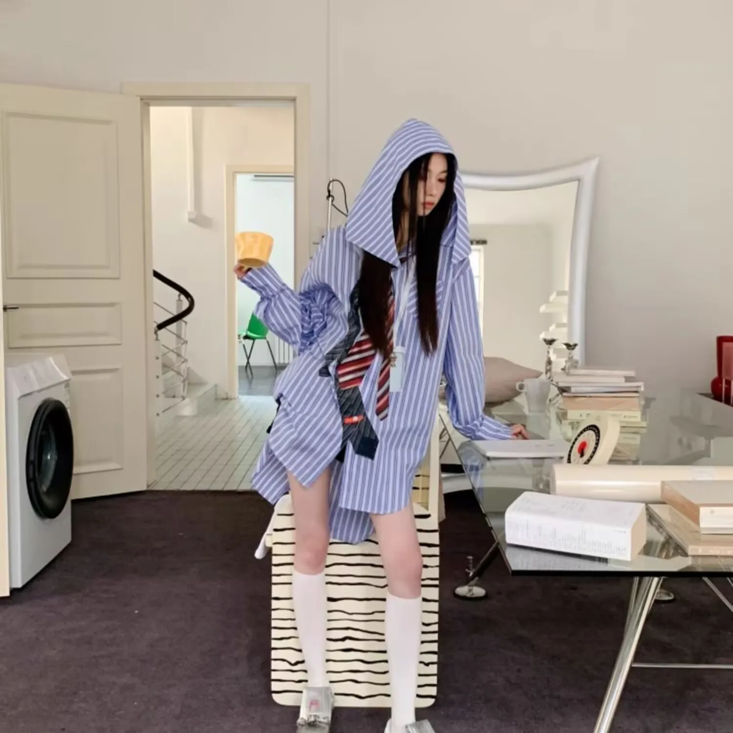 春ブラウス女性ストライプフード付き長袖特大韓国ファッションカジュアルシャツ Y2k ヴィンテージオフィスレディトップス Mujer