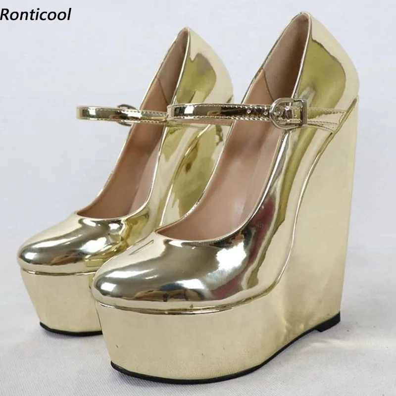 

Ronticool Handmade Women Shiny Pumps Wedges High Heel Round Toe Beautiful Light Gold Party Shoes Ladies Plus US Size 35-52