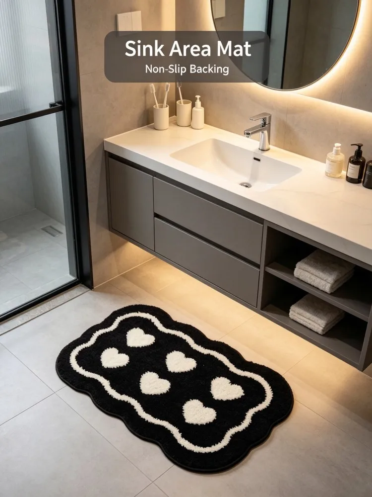 Cute 6 White Hearts Wavy‑Edge Bath Rug Soft Flannel Absorbent Non‑Slip Floor Mat Sweet Love‑Shape Carpet For Bathroom Bathtub Be