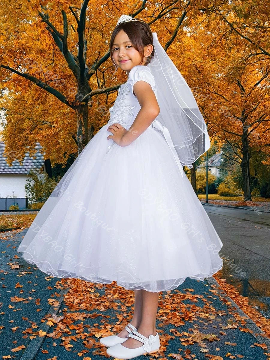 Mini vestido de novia de tul de encaje blanco para niñas de flores, vestido de primera comunión hasta el té con mangas abullonadas, Vestidos hechos a medida