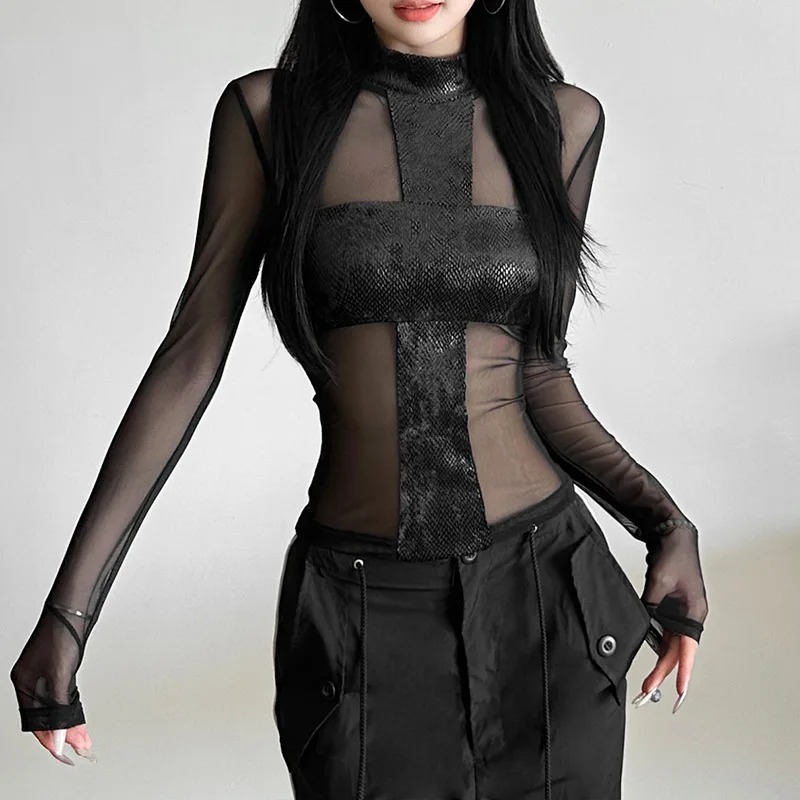 Y2k Aesthetic Crucifix Patchwork Gauze Shirts Streetwear Sexy Gothic Crop Tees Femme Harajuku Grunge See Through Women's T-shirt