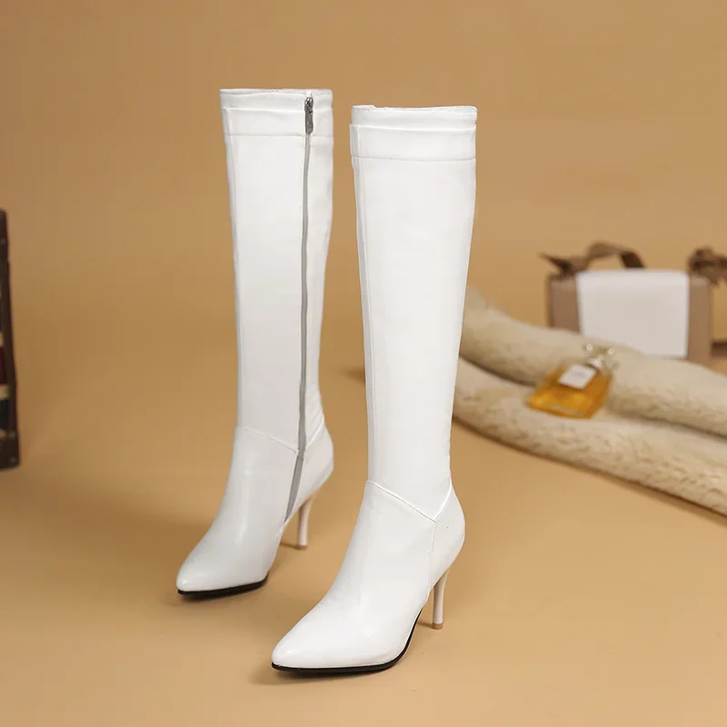 Autumn Winter Women Knee High Boots White Black High Thin Heel Club Dress Office Lady Pointed Toe Zipper Plush Long Riding Boots image 3