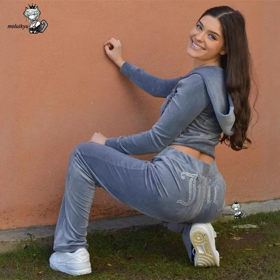 2Pcs Y2K Women's Velour Tracksuit Rhinestone Logo Hoodie + Flare Pants Vintage 2000S Pink Velvet Loungewear Casual Streetwear