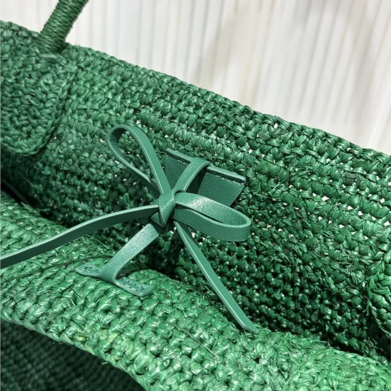 Handmade Natural Raffia Tote Bag with Lamb Leather Pouch, Summer Beach Vacation Shoulder Bag