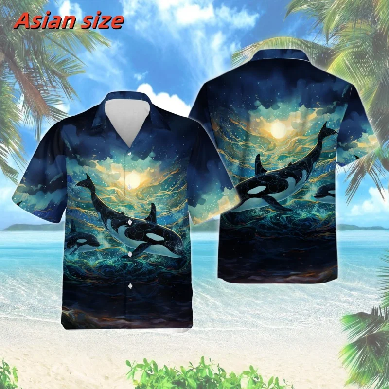 Marine Killer Whale Pattern Hawaiian Shirt For Men Colorful 3D Printed Blouse Summer Loose Short Sleeve Lapel Tops Aloha Shirts