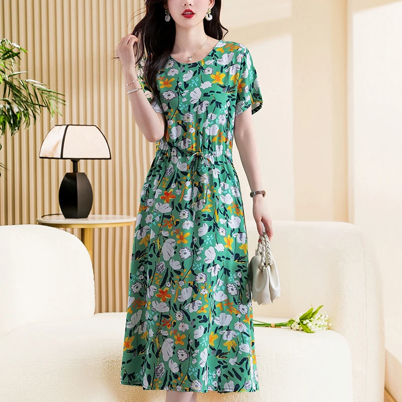 New Fashion 2024 Summer Dress Short Sleeve Print O-neck Vintage Plus Size Lady Vintage Floral Women Dress