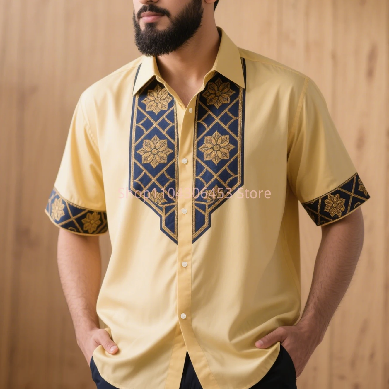 New Men Simple Retro Fashion Ethnic Pattern Printed Short-sleeved Lapel Shirt Light Breathable Light Color Business Casual Party