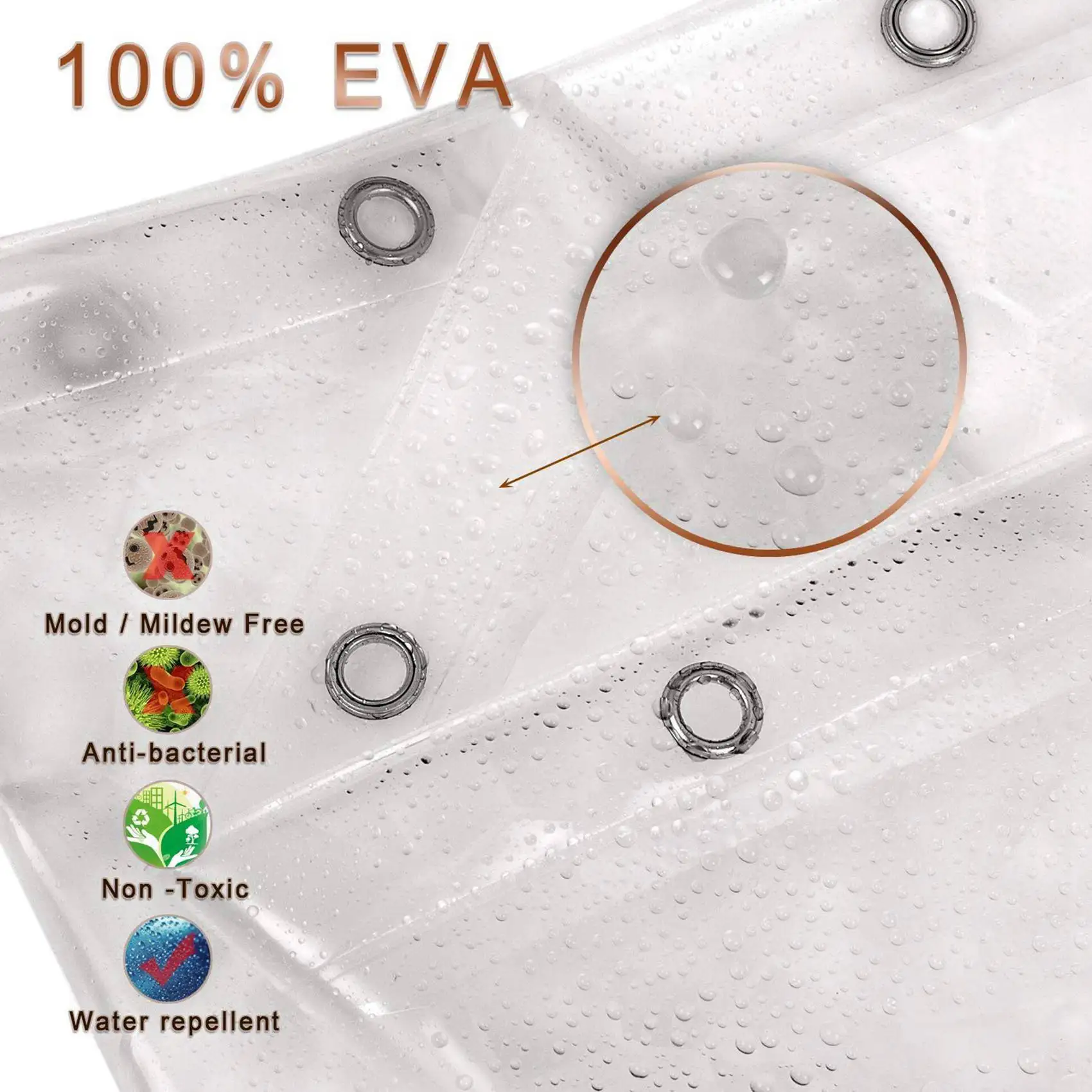 Retail 2X Clear EVA Shower Curtain Liner Waterproof Transparent 3D Water Square Bathroom Curtain In 71Inch X 79Inch, 24 Hooks