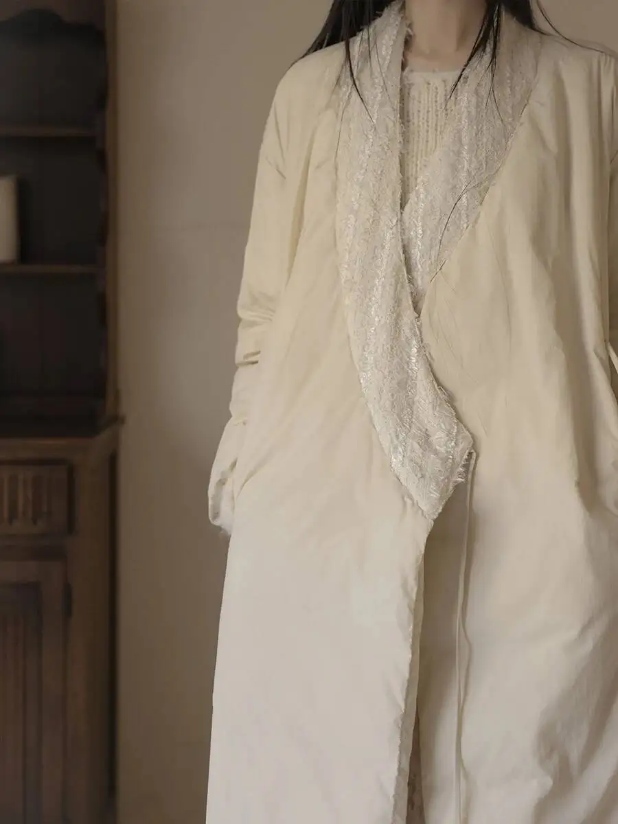 UMI MAO 90 화이트 오리 다운 재킷 중국 스타일 예술적 경사 칼라 가볍고 따뜻한 두꺼운 롱 코트 Femme