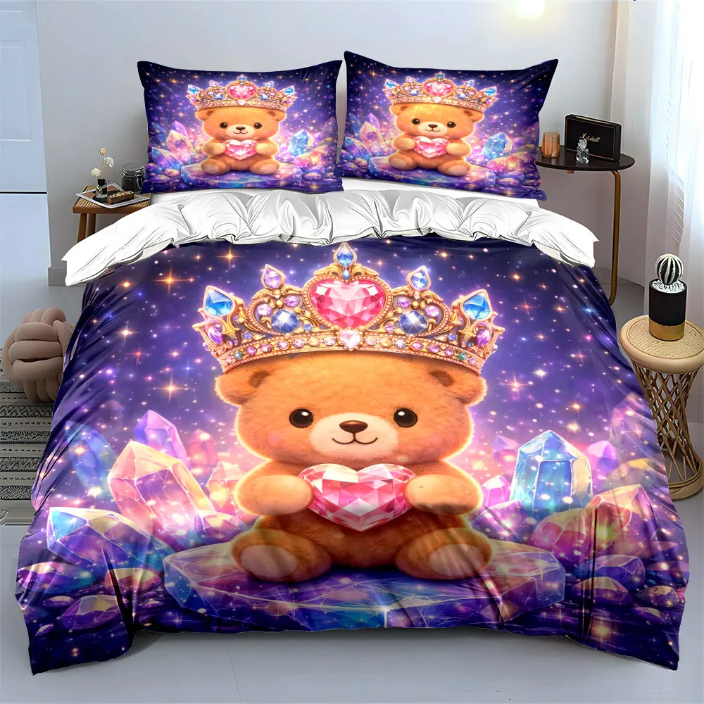 Cute bear with crown holding pink gem Print Bedding Set 1 Duvet Cover 2 Pillowcases for Adult and Children Luxury Gift Full Size