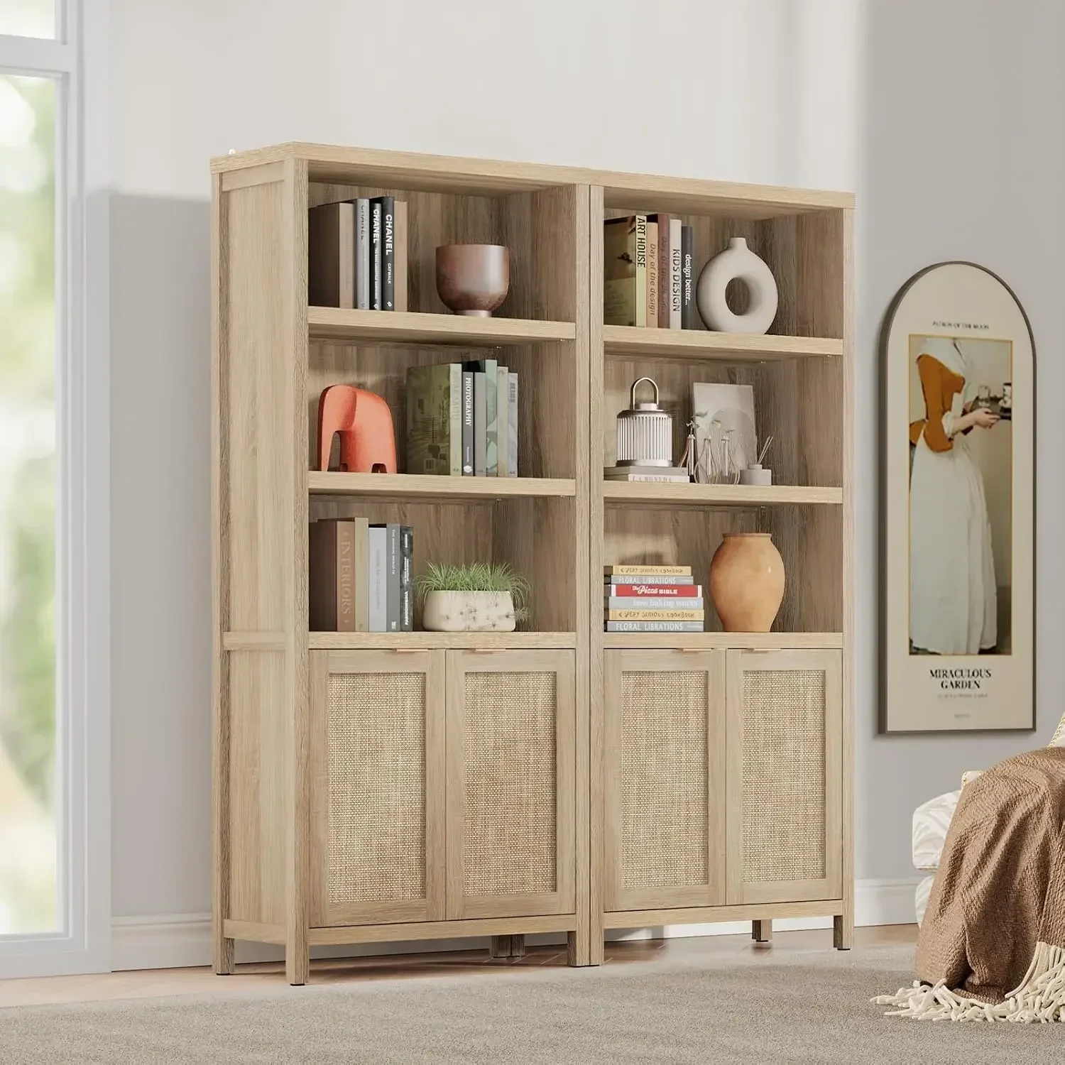 

5 Tier Bookshelf Rattan Boho Tall Book Case Shelf with Doors Storage Wood Large Bookcases Farmhouse BookshelvesNatural 2PCS)