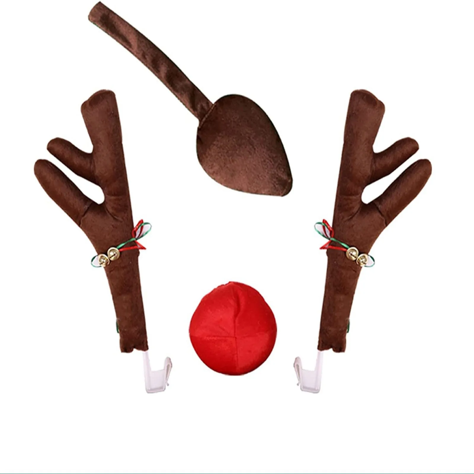 Car Antlers & Nose Window Roof Top & Grille Rudolph Jingle Bell Christmas Costume  Auto Accessories Decoration Kit Xmas Gift Set