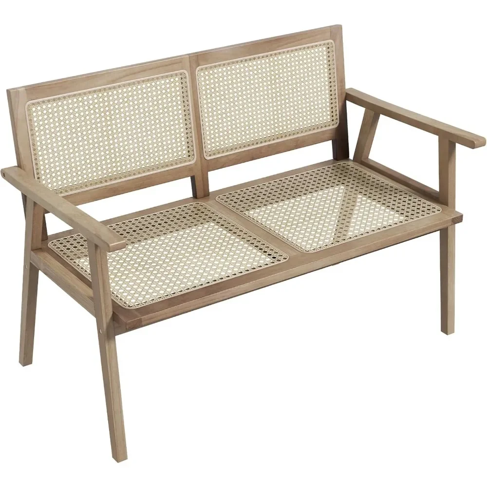 

Outdoor Teak Wood Garden Bench, with Armrests, Rattan Backrest & Seat, Patio Garden Bench for Porch, Lawn