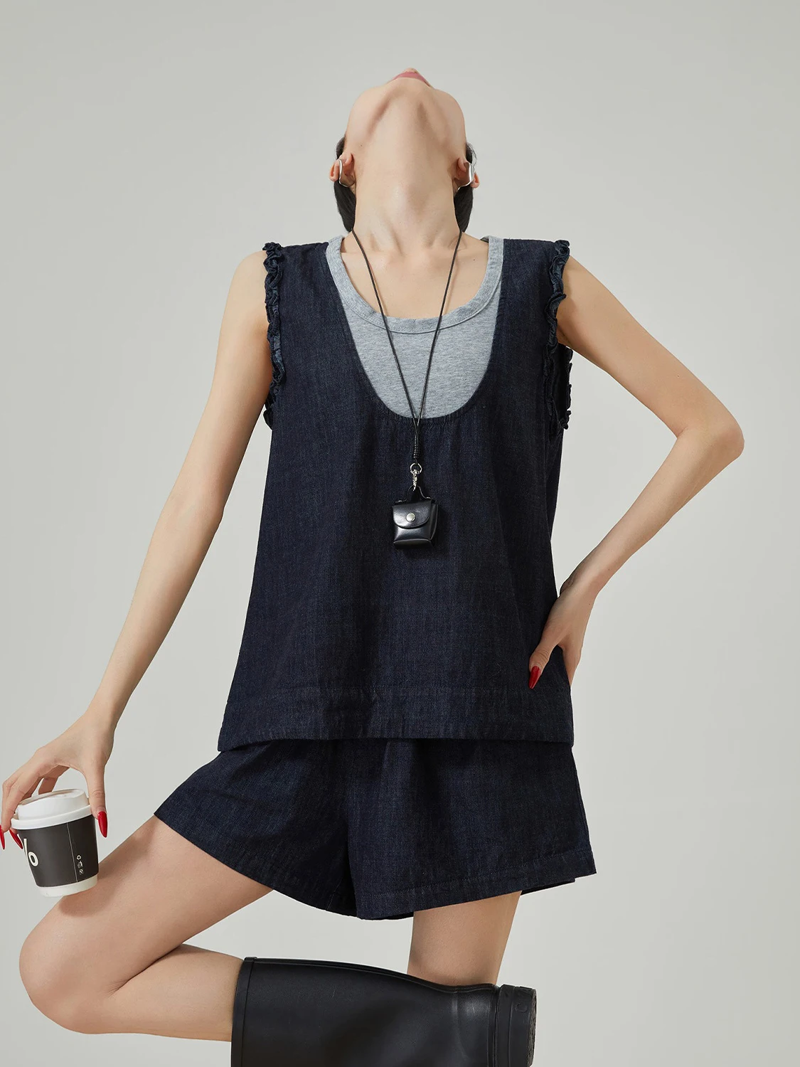 

Retro Casual Ruffle Sleeveless Denim Vest Set Women's New 2026 Summer Shorts Top Two-Piece Set High Waist Loose Fit Polyester...