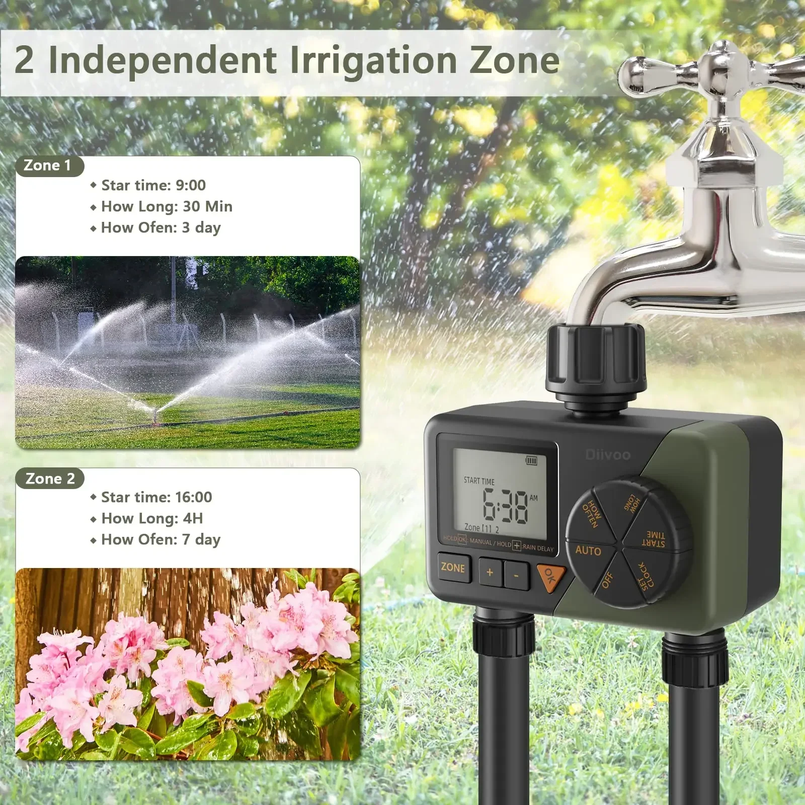 Diivoo Programmable Water Hose Timer 2 Outlet for Garden, Automatic Irrigation Timer IP54 with Rain Delay/Manual/Auto Mode