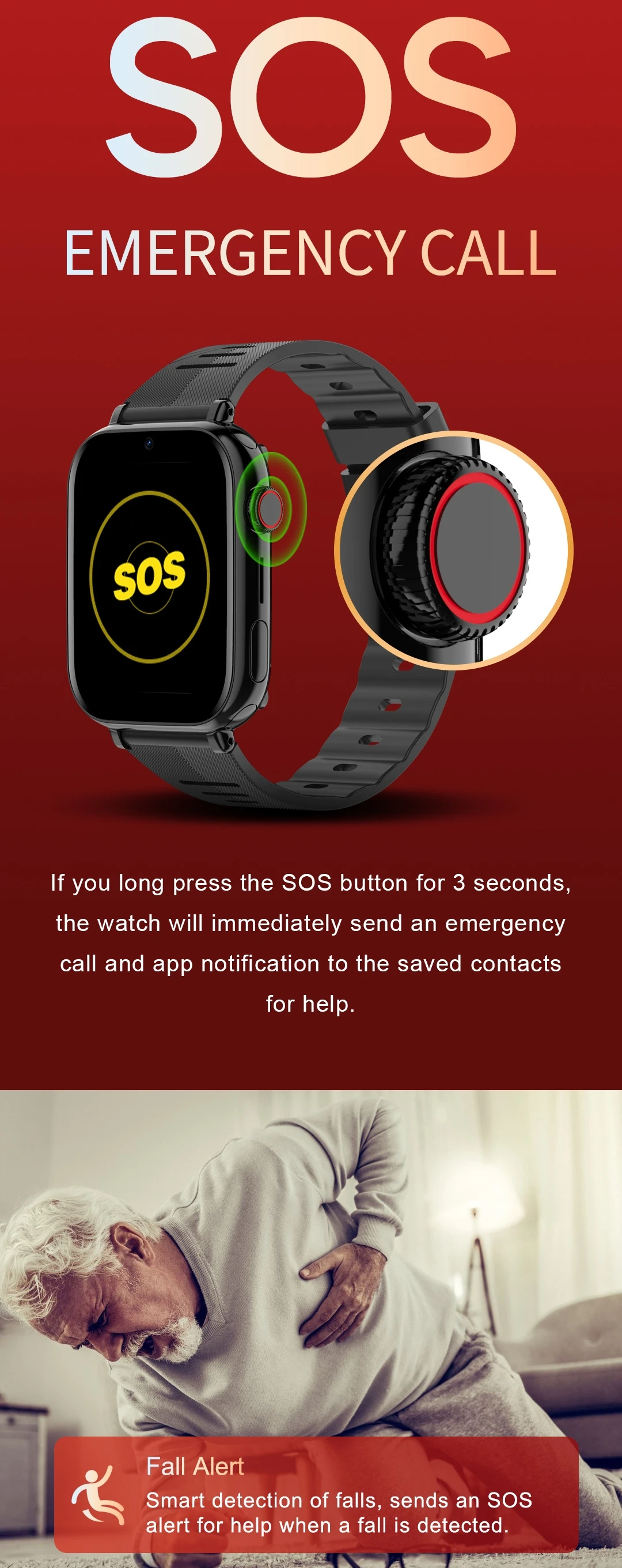 Fall Detection Watch SOS Watch Senior Elderly GPS Positioning 4G Sim Card Phone Call 850mAh Heart Rate Thermometer Waterproof D1