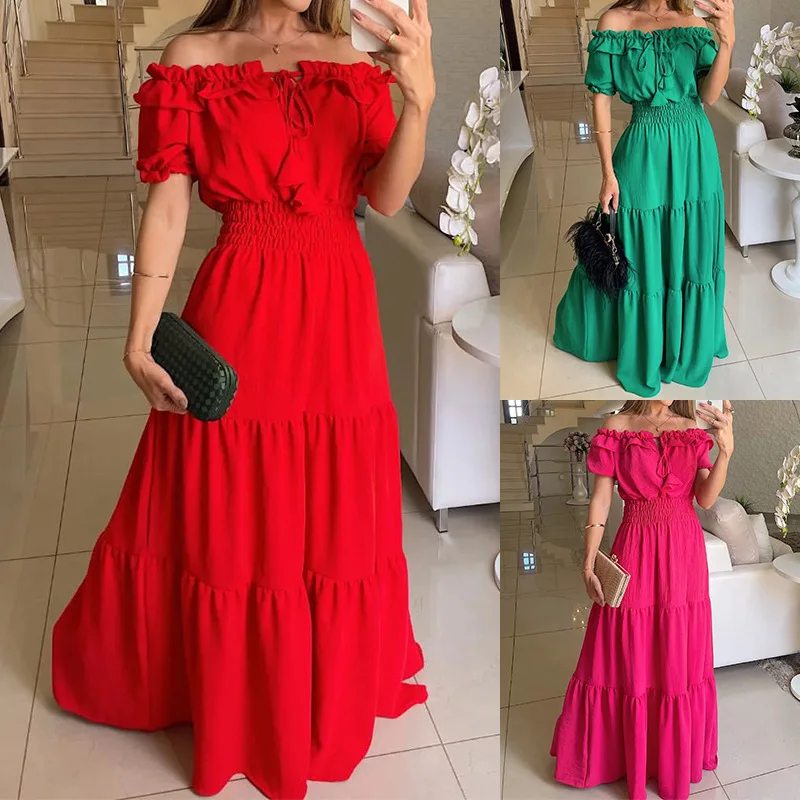 

2023 Spring/Summer New Color Elastic Neckline One line Shoulder Display Slim and Long Dress Women's Long Dress Fluffy Skirt