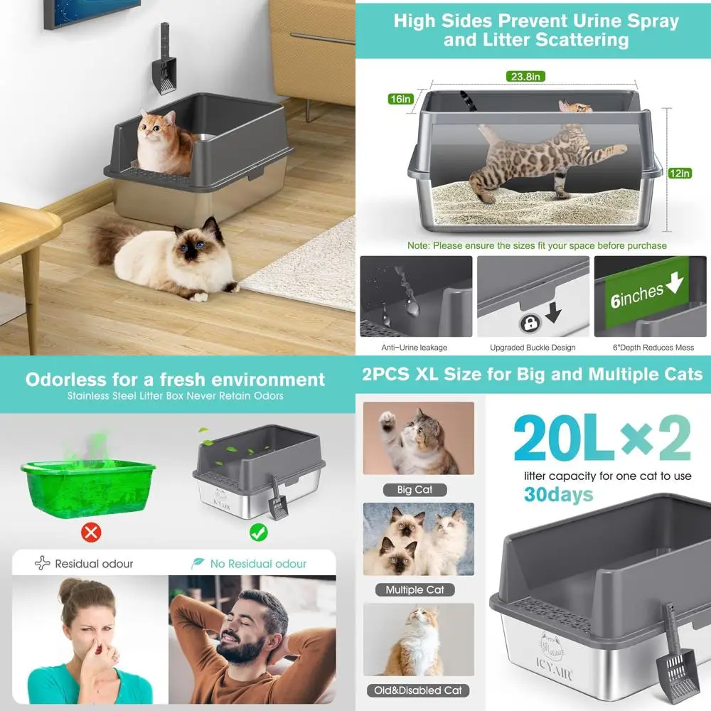 

Очень большой металлический лоток для кошек с высокими бортиками, крышкой, защитой от протекания, контролем запаха, антипригарным покрытием, совок в комплекте