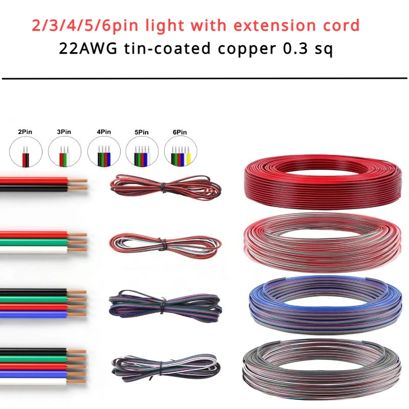 

LED Wire Cable 2Pin 3Pin 4Pin 5Pin 6Pin Extension Cable 1-100m, For WS2812B WS2811 2835 5730 SK6812 RGBW 5050 RGB Strip Light