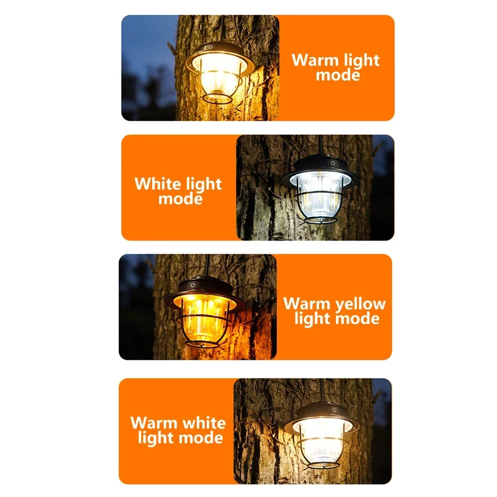 Retro Portable Camping Lantern Waterproof Emergency Light $Tepless Dimmable Hanging Tent Lamp for Outdoor Hiking